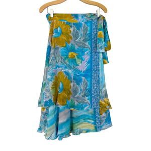 Vintage 2000s Y2K Blue Hawaiian Floral Silk Wrap Skirt- Size M, Made in Hawaii